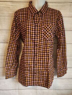 Old Navy L Orange Black Plaid Button Up Shirt Fall Flannel Casual Chic
